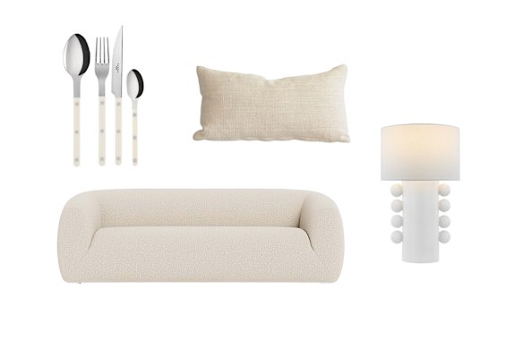 “Bistro” four-piece cutlery set; “Zepplyn” three-seater sofa; Cushion; “Tiglia” lamp.  