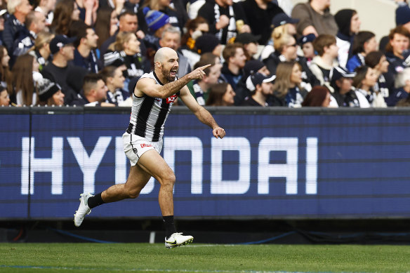 Steele Sidebottom celebrates a goal against Carlton.