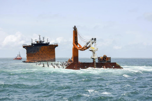 The burnt MV X-Press Pearl sinks off Colombo port, Sri Lanka.
