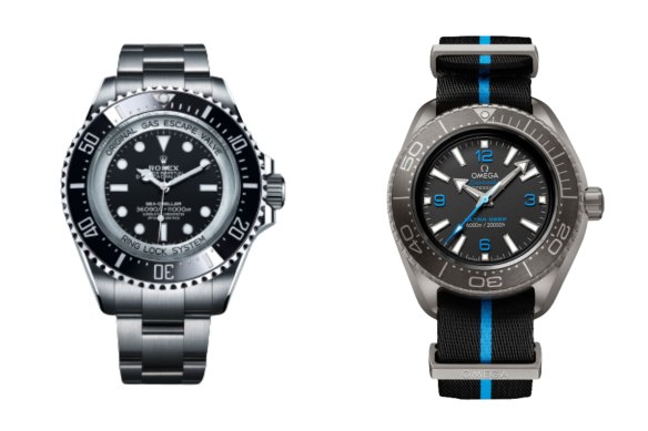 From left: the Rolex Oyster Perpetual Deepsea Challenge; and the Omega Ultra Deep.