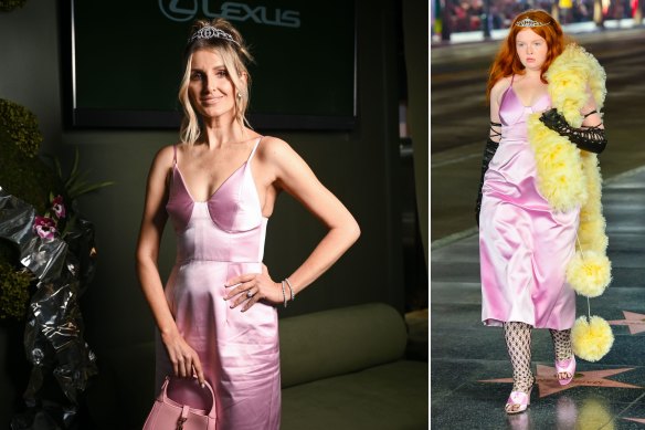 Racing royalty Kate Waterhouse wearing Gucci on Cup Day; the dress on the Gucci spring/summer 2022 runway.