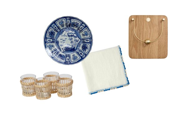 Wicker glasses; “Dynasty” 21cm plate; “Luxor” hand-crocheted napkins; “Millie” napkin holder.  