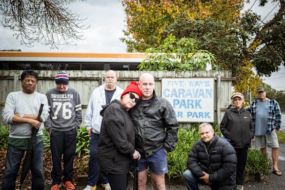 Five Ways residents yet to find a new home include (from left): Charlie, “Mark”, “John”, Lynette Naude, Cameron Gollings, Giuseppe, Yvonne and Richard Szabatura.