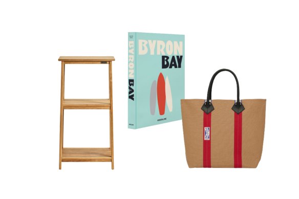 Jati planter shelves; Byron Bay by
Shannon Fricke; “Safari” tote.