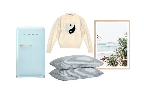 Smeg bar fridge; “Yin Yang” sweater; “Marine Blue Stripe” pillowcases; Byron Bay Longboarder framed print.