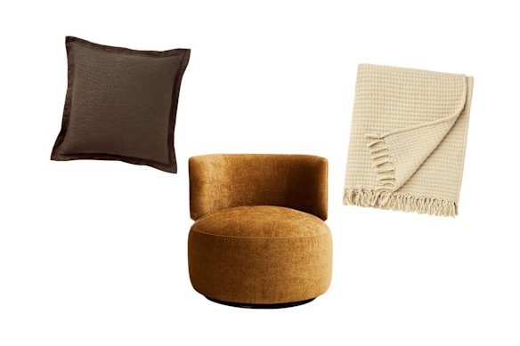 “Piper” cushion; “Halo” swivel chair; “Juniper” throw.  