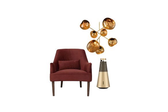 “Juno” chair; “Melt” chandelier; “Beosound 1” speaker.