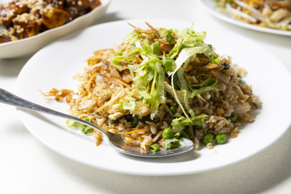 Kampung fried rice with chicken, prawn and water spinach.