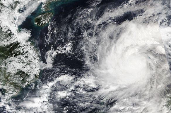 Satellite imagery of Typhoon Goni passing through the Philippines. 