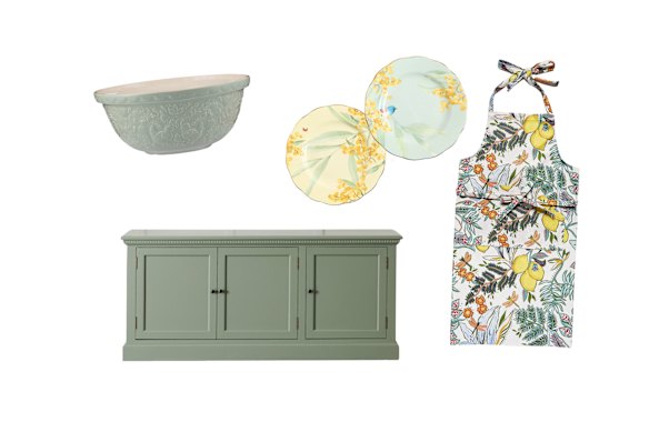 Home to Roost” 29cm mixing bowl; “Ponting” sideboard; “Australiana” 20cm plates; “Botanical” apron.  