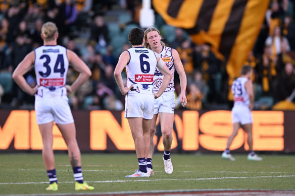 Fremantle players during last Saturday’s clash in Launceston.