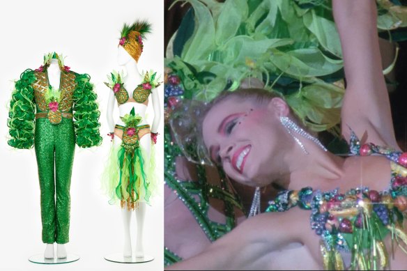 Performance costumes, “Fruity Mambo”, designed by Catherine Martin, and made by her and Rosie Boylan, for Strictly Ballroom The Musical, in Sydney in 2014. And on the right, Sonia Kruger starring as Tina Sparkle in Strictly Ballroom.