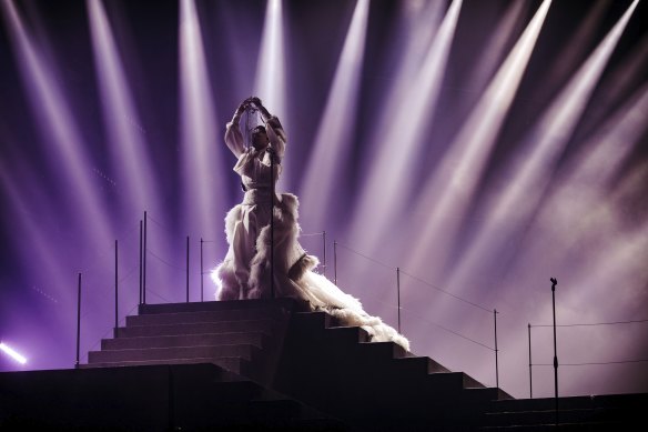Sheldon Riley performs for Australia at the Eurovision Song Contest at the PalaOlimpico in Turin, Italy.