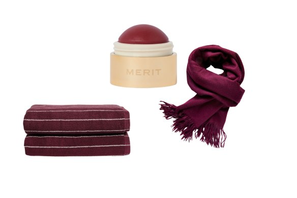 Bath towel; “Flush Balm” blush; cashmere shawl.  