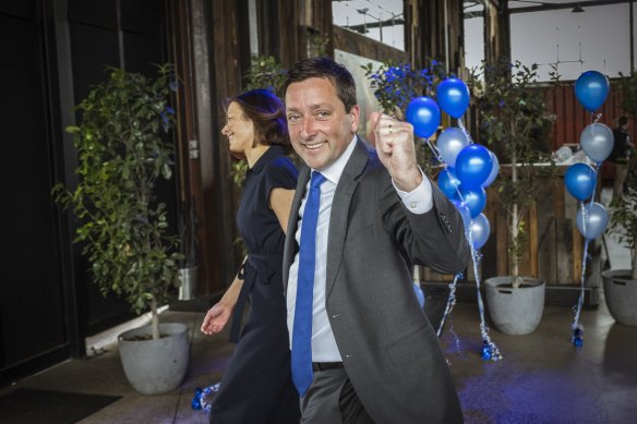 Opposition Leader Matthew Guy leaves the Liberal Party election campaign launch in Port Melbourne.