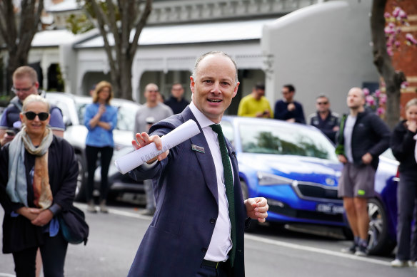 Jellis Craig Richmond auctioneer Elliot Gill calls for bids during the auction in Brighton Street.