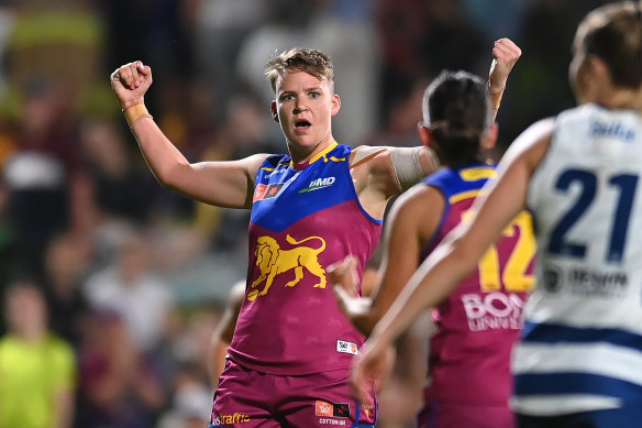 Dakota Davidson of the Lions celebrates a goal against the Cats at Brighton Homes Arena preliminary final.