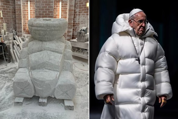 Seton’s giant puffer jacket
sculpture (above left) is partly inspired by this AI-generated image of Pope Francis (above right).
