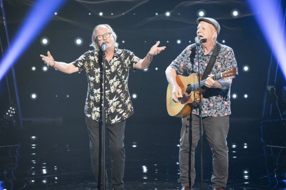 Dobe Newton (left) and Roger Corbett, aka The Bushwhackers, perform on The Voice, and land a spot on Jessica Mauboy’s team.