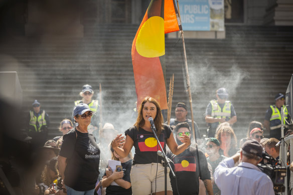 Thorpe speaks at an Invasion Day rally in 2019.