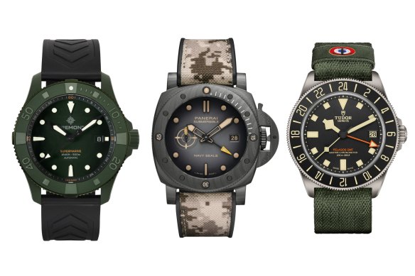From left: Bremont Supermarine Full
Ceramic Jungle Green; Panerai Submersible QuarantaQuattro
GMT Navy SEALs Carbotech PAM01513; Tudor Pelagos FXD GMT.