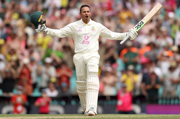 Khawaja celebrating the first of two
centuries on his return to the Test side at the SCG in 2022 against England.