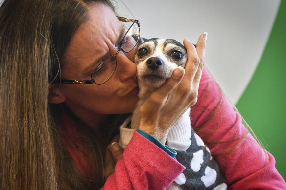 Katheryn Strang is reunited with her fox terrier, Dutchess.