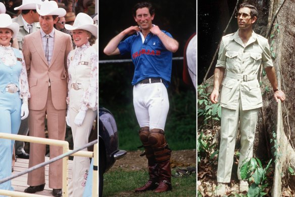 The many looks of King Charles: in cowboy attire visiting Calgary, Canada in 1977; polo chic in 1986; full safari suit in Cameroon in 1990. 