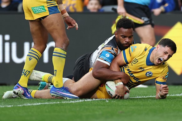 Jordan Samrani opens the scoring for Parramatta.