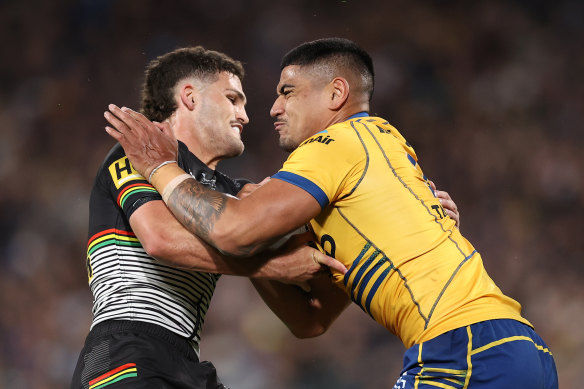 Sparks flew as Nathan Cleary of the Panthers tackled the Eels’ Oregon Kaufusi, but the game generally fell short of expectations. 