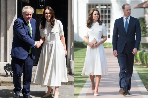 Royal inspiration: New Zealand Prime Minister Jacinda Ardern meets British Prime Minister Boris Johnson in London, wearing an Emilia Wickstead dress on July 1. Prince William, Duke of Cambridge and Catherine, Duchess of Cambridge, wearing a cream Emilia Wickstead dress at Old Birla House in Delhi, India in 2016.