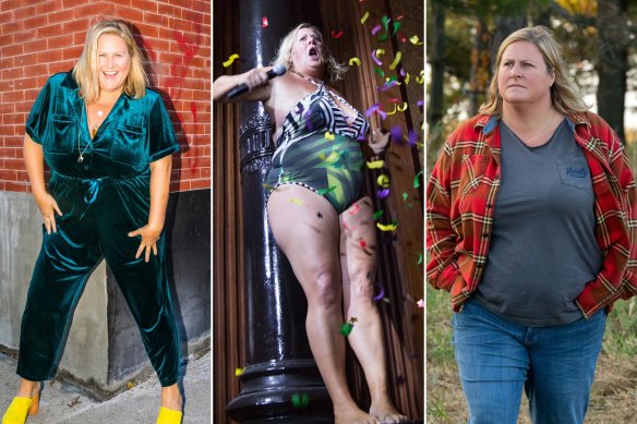 “I was tearing my hair out, in the way that I didn’t feel like there was a place for me and that I’d missed the boat,” says comedian Bridget Everett of life before she found her niche, with raunchy cabaret (centre) and her new show (right) in which she struggles to find her place in her small home town.