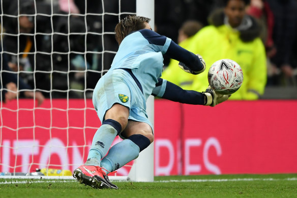 Norwich City's Tim Krul saves the penalty taken by Spurs' Gedson Fernandes.