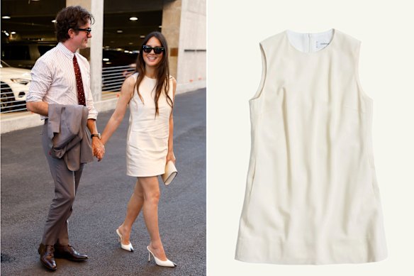 Olivia Munn (pictured with husband John Mulaney). Right: P. Johnson “Chelsea” dress.