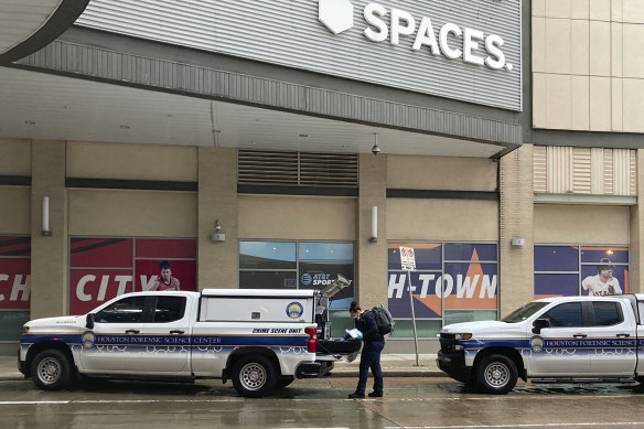 Police officers at the scene of the shooting in downtown Houston.