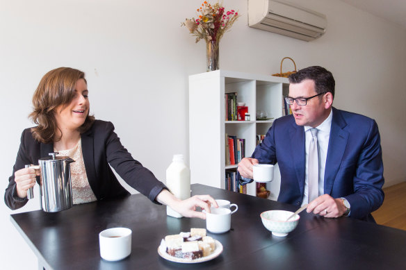 Premier Daniel Andrews with Clare Burns in 2017, when she lost in the Northcote byelection.