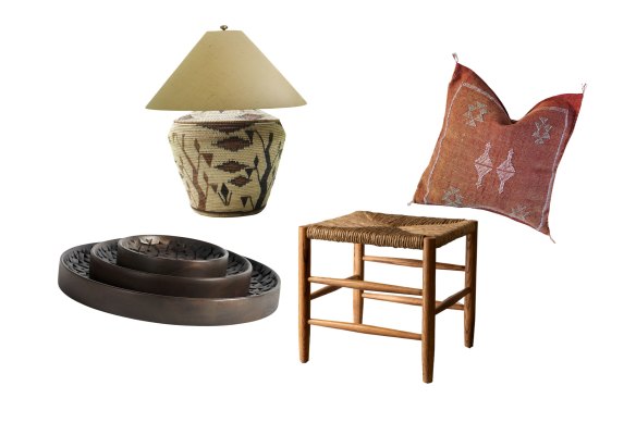 “Tampa” trays; “Pueblo” lamp; “Arnaud Tabouret” stool; “Cactus” silk cushion cover.  