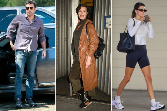 Actor Ben Affleck wearing New Balance sneakers in 2013. Supermodels Shalom Harlow and Kendall Jenner in New Balance sneakers.