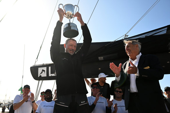 Christian Beck celebrates victory in Hobart.