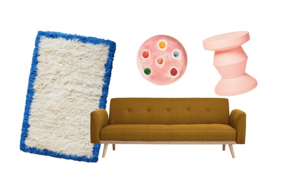 “Fluffy” rug; “Spot” plate; “Nikko” sofa bed; “Pedestal” side table.