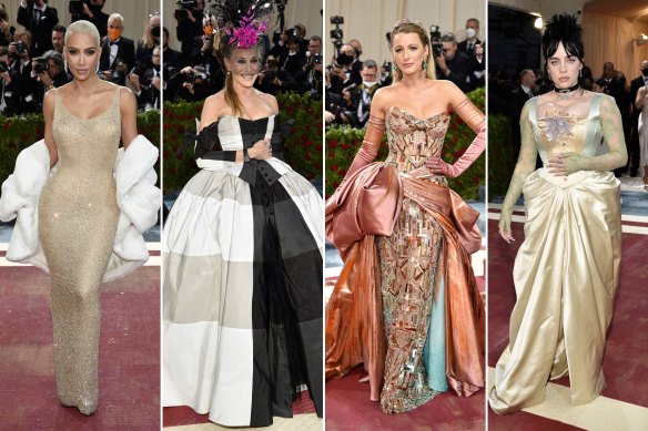 The threads of a story at the Met Gala 2022. Kim Kardashian in vintage Jean Louis, Sarah Jessica Parker in Christopher John Rogers, Blake Lively in Versace and Billie Eilish in Gucci.