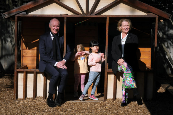 Philanthropist Nicola Forrest and Thrive by Five CEO Jay Weatherill in Box Hill on Tuesday.