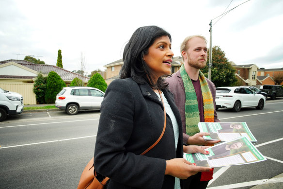 Victorian Greens leader Samantha Ratnam campaigning during the recent Warrandyte byelection. 