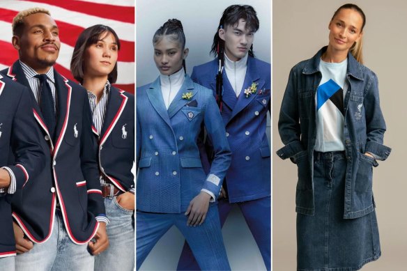 Triple denim. Olympic uniforms for: Team USA from Ralph Lauren; Justin Chao for Chinese Taipei; Reet Aus for Estonia.