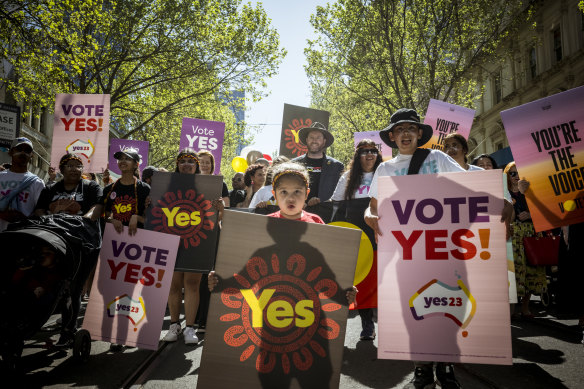 Voice supporters marched from the State Library to Federation Square just after midday.