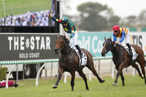 Alligator Blood wins the 2020 Magic Millions Guineas from Eleven Eleven, but was later disqualified, from the race because of positive swab.