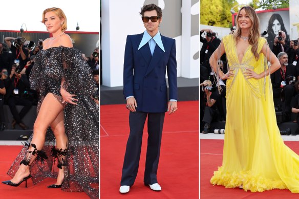 Florence Pugh in Valentino haute couture, Harry Styles in Gucci and Olivia Wilde in Gucci at the Venice Film Festival premiere of “Don’t Worry Darling”. 