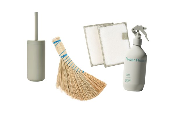 “Ume” toilet brush; Dutch-style hand brush; sponges; “Power House” room mist.