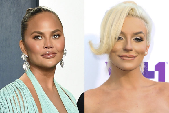 Reality show star Courtney Stodden, pictured on the right at an awards show in 2015, said Chrissy Teigen, on the left in 2020, followed up mocking tweets with direct messages wishing for their death. 