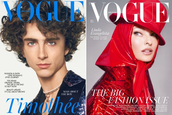 The stars on the cover.  Timothée Chalamet in the October issues of British Vogue and supermodel Linda Evangelista in the September issue.